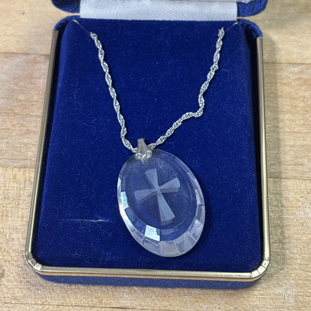 Vintage NS Nickel Silver Crystal Cross Pendant Necklace Etched Glass w/ Box